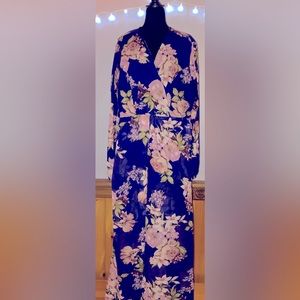Venus Blue Floral Short Romper Chiffon Maxi Sheer Overlay - Size 1X